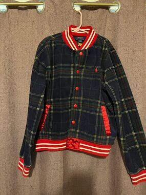 NWOT Polo by Ralph Lauren Navy Plaid Jacket with Red Striped Trim